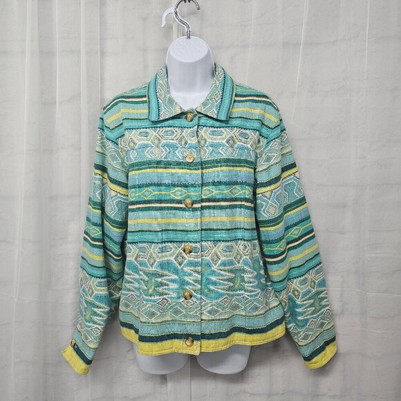 Coldwater Creek Blue Gree Linen Blend Jacket Boho Aztec Southwestern L - Picture 1 of 11